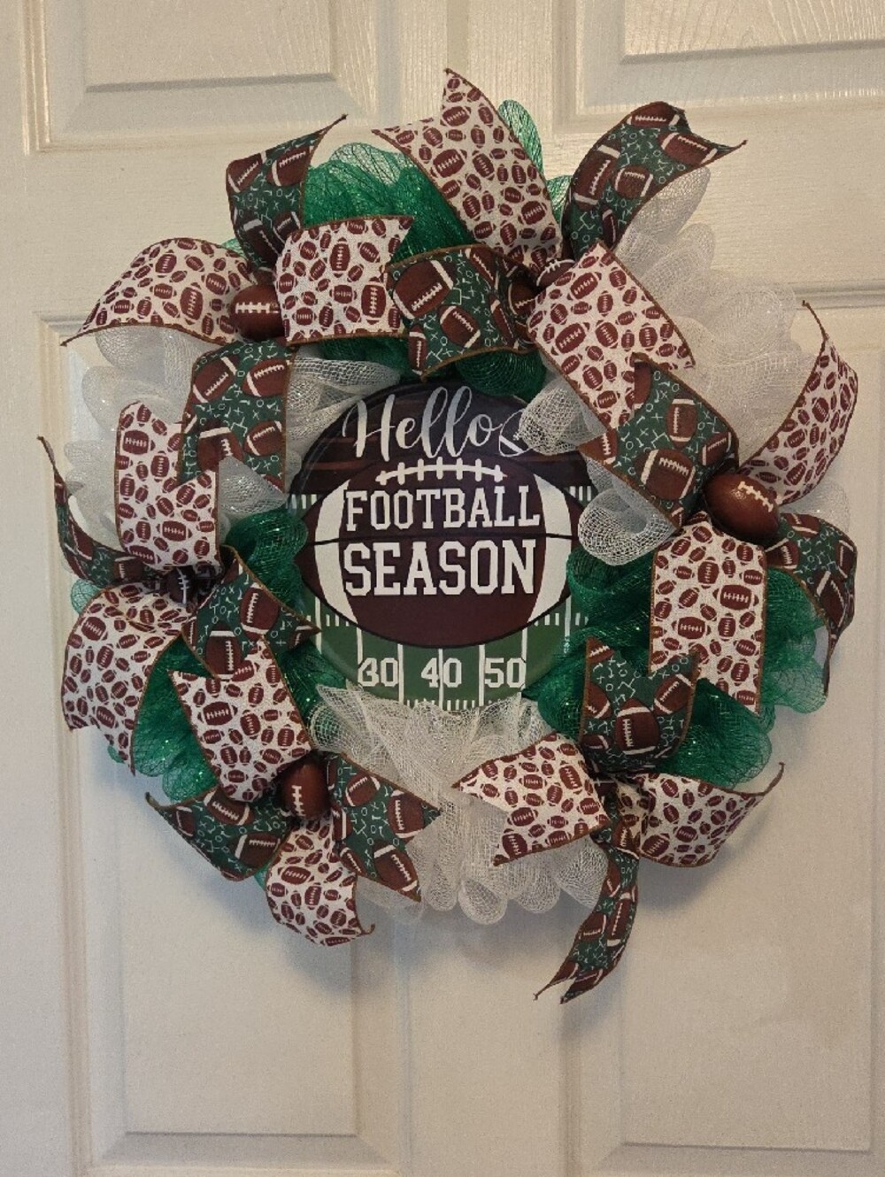 Hello Football Season Wreath - Green, White & Brown